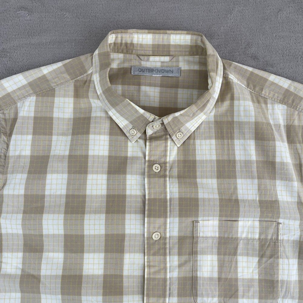 Outerknown Organic Shirt Men‎ Large Beige Check Short Sleeve Surf Beach